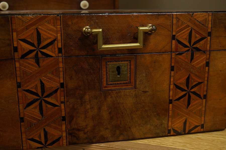 A small 19th century mahogany chest of three drawers having bone handles, width 26cm, height 26cm and a Victorian parquetry banded box, largest 26cm high. Condition - fair